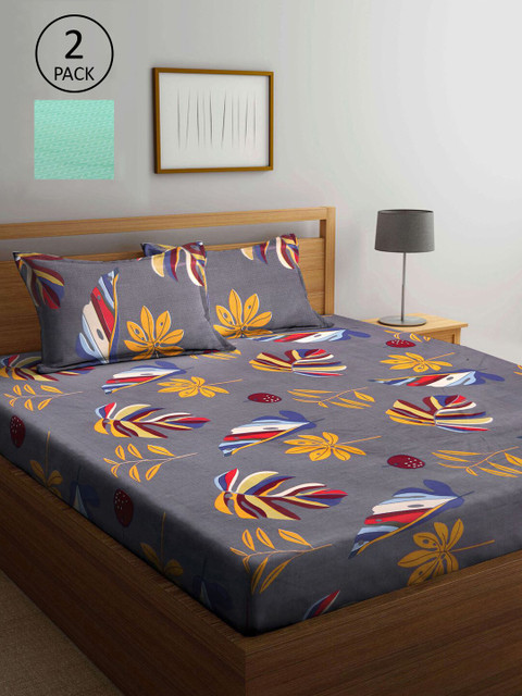 

KLOTTHE Green & Grey Floral 210 TC 2 King Bedsheet with 4 Pillow Covers