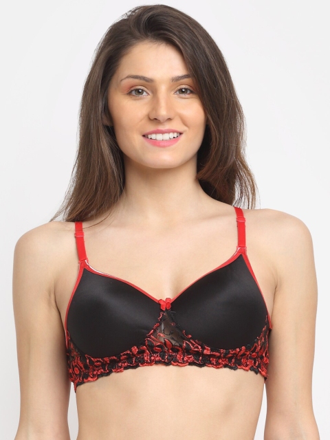 

Friskers Red & Black Floral Premium Cotton Bra Lightly Padded