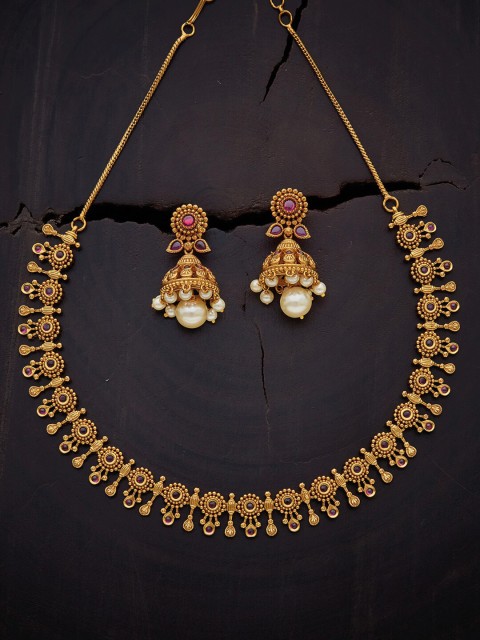 

Kushal's Fashion Jewellery Gold-Plated Purple & Off-White Stone Studded Jewellery Set