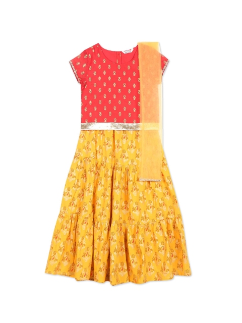 

Karigari Girls Red & Yellow Printed Ready To Wear Lehenga & Blouse With Dupatta