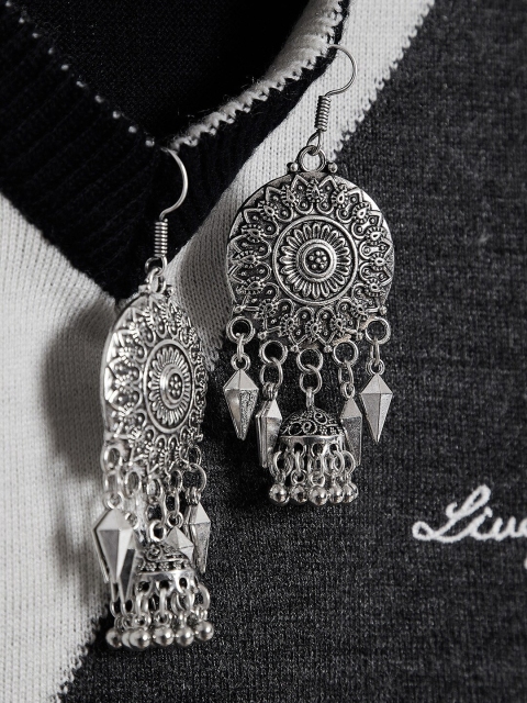 

ZeroKaata Silver-Plated Oxidized Contemporary Drop Earrings