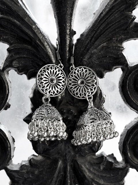 

ZeroKaata Silver-Plated Oxidised Contemporary German Silver Jhumkas Earrings