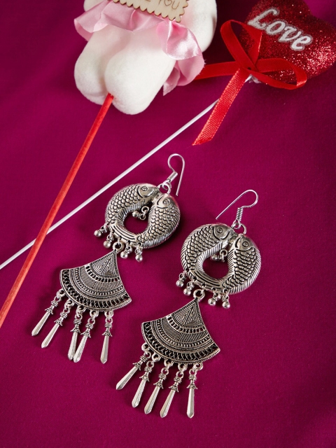 

ZeroKaata Silver-Plated Oxidized Contemporary Drop Earrings