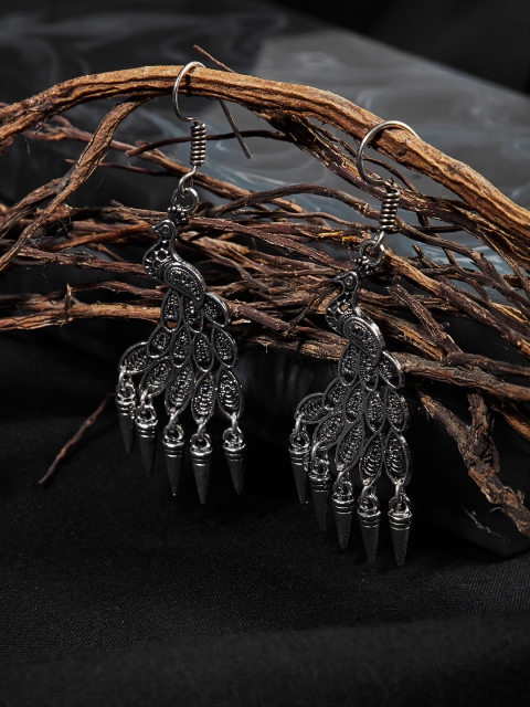 

ZeroKaata Silver-Plated Oxidized Contemporary Drop Earrings
