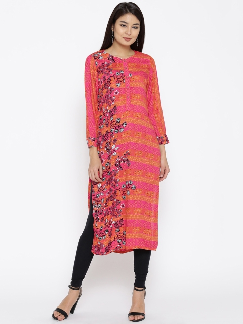 

Global Desi Women Pink & Orange Floral Printed Straight Kurta