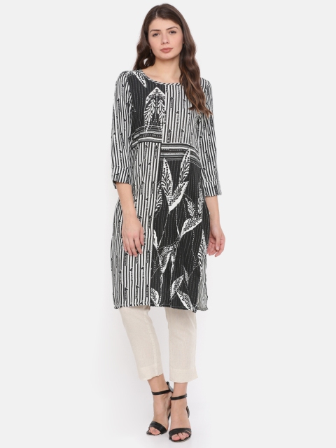 

Global Desi Women White & Black Printed Straight Kurta