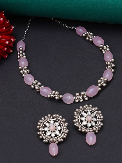 

KARATCART Women Silver-Plated & Pink Kundan-Studded Oxidized Choker Jewellery Set