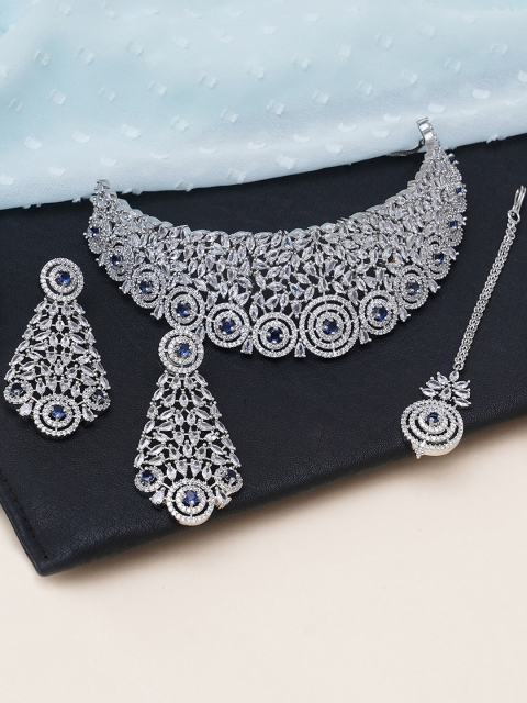 

KARATCART Silver-Plated White & Blue American Diamond Studded Jewellery Set