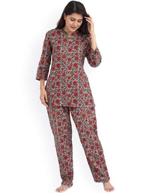 

9shines Label Women Blue & Pink Floral Printed Pure Cotton Night Suit
