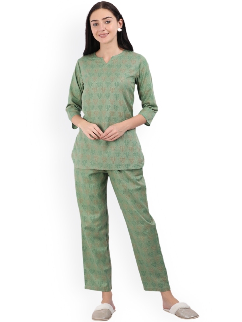 

9shines Label Women Green & Red Printed Cotton Night suit