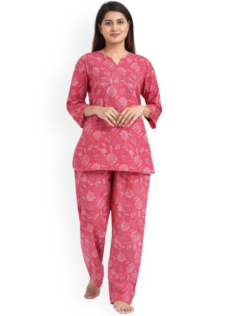 

9shines Label Women Pink & White Printed Pure Cotton Night suit