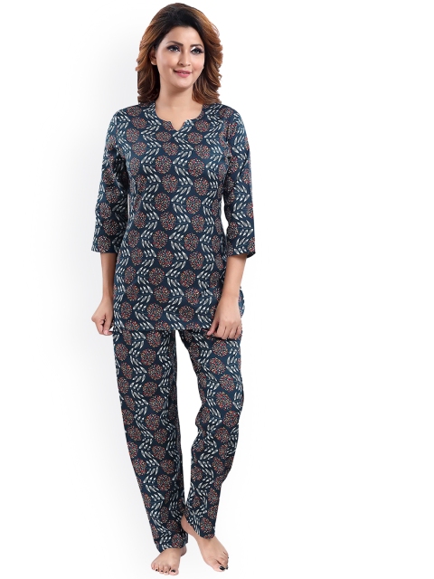 

9shines Label Women Navy Blue & Red Printed Pure Cotton Night suit