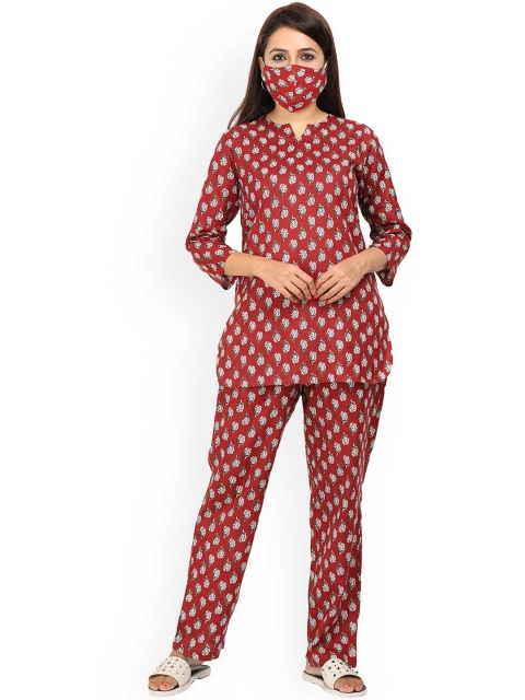 

9shines Label Women Maroon & White Printed Night suit