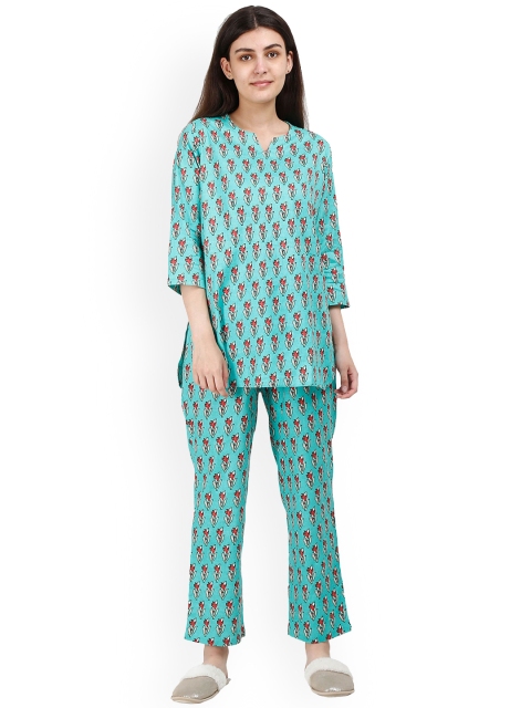 

9shines Label Women Sea Green & Red Ethnic Motifs Printed Pure Cotton Night Suit