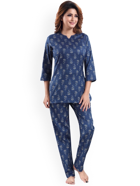 

9shines Label Women Navy Blue Floral Printed Pure Cotton Night Suit