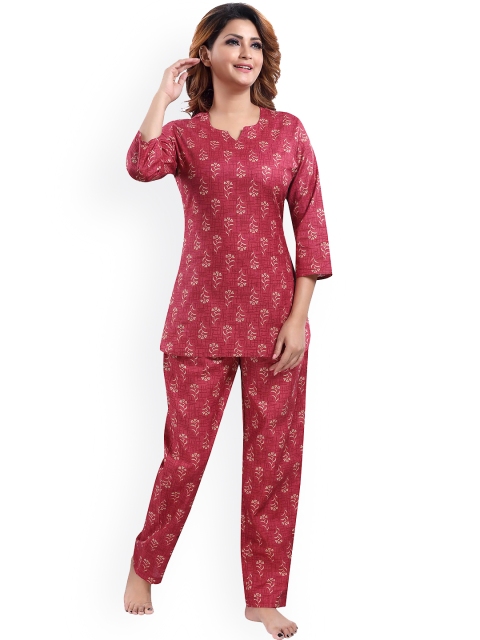 

9shines Label Women Red & Beige Printed Night suit