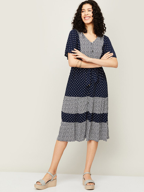 

Fame Forever by Lifestyle Navy Blue & White Floral A-Line Dress