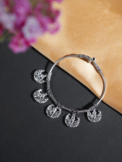 

ZeroKaata Women Silver-Toned Oxidised Peacock Charm Kada Bracelet