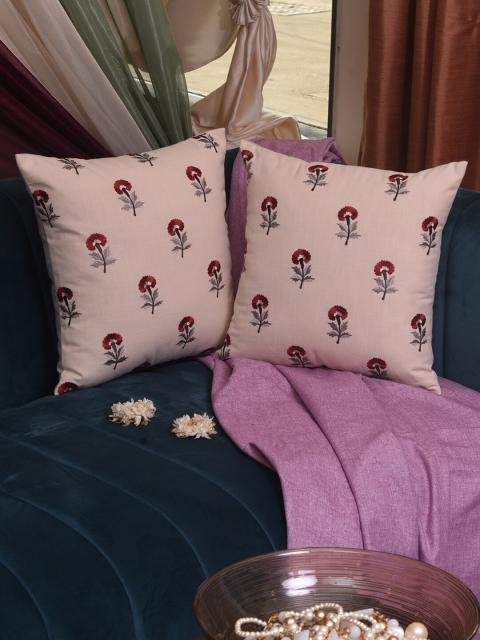 

Dreams Peach-Coloured & Maroon Set of 2 Floral Square Cushion Covers