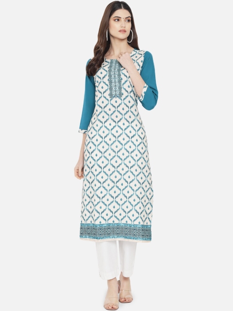 

Ethnic basket Women Turquoise Blue & White Geometric Printed Straight Crepe Kurta