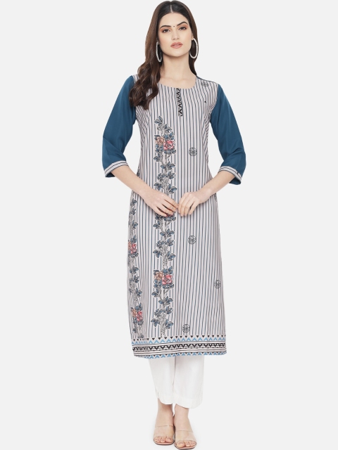 

Ethnic basket Women Beige & Turquoise Blue Ethnic Motifs Printed Crepe Kurta