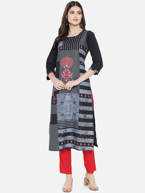 

Ethnic basket Women Black Tribal Printed Thread Work Crepe Kurta