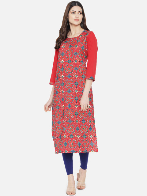 

Ethnic basket Women Red & Blue Ethnic Motifs Printed Crepe Straight Kurta