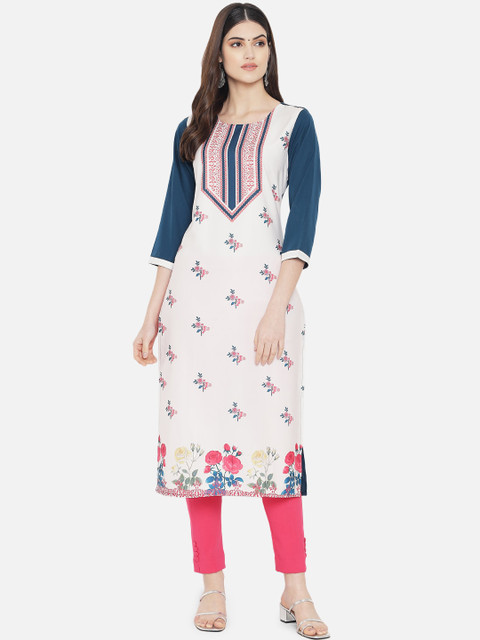 

Ethnic basket Women Off White Floral Embroidered Thread Work Crepe Kurta