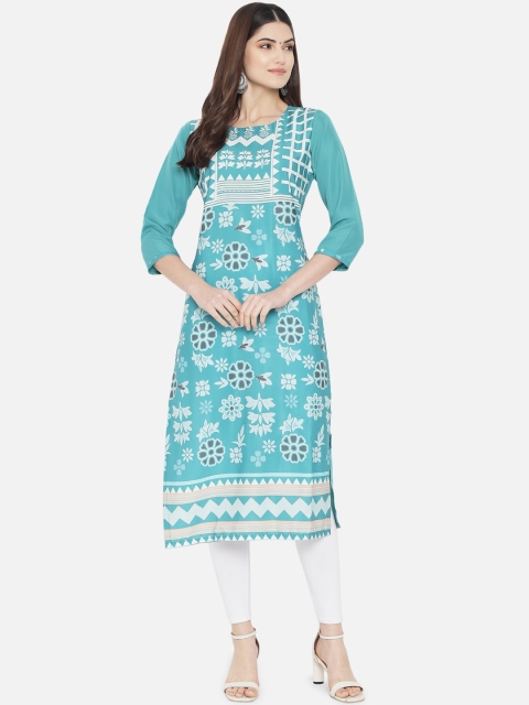 

Ethnic basket Women Turquoise Blue & White Ethnic Motifs Printed Crepe Kurta