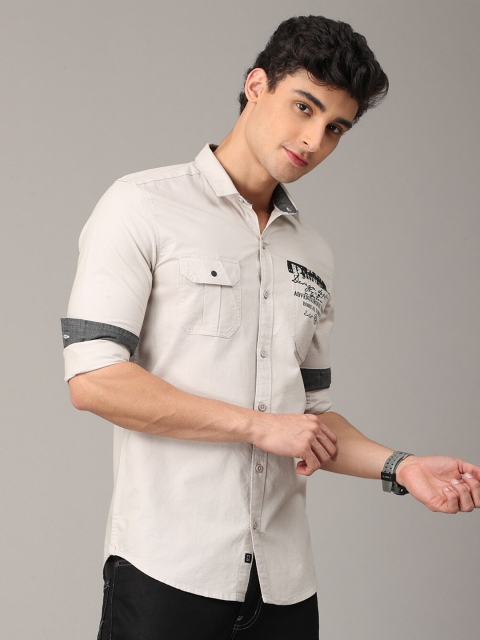 

FOGA Men Cream-Coloured Premium Slim Fit Printed Casual Shirt