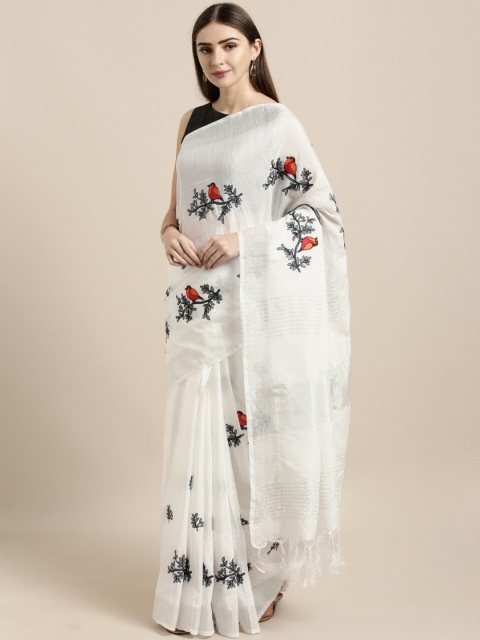 

KALINI White & Grey Ethnic Motifs Embroidered Zari Linen Blend Saree