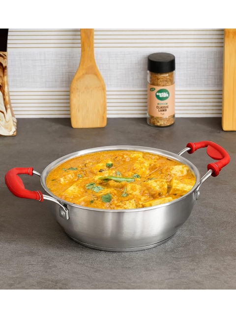

Femora Stainless Steel Flat Kadhai with Silicone Handle & Tri-Ply Bottom, Silver