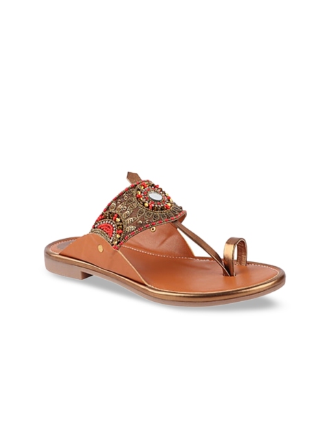 

THE WHITE POLE Women Red Embellished Leather Ethnic One Toe Flats