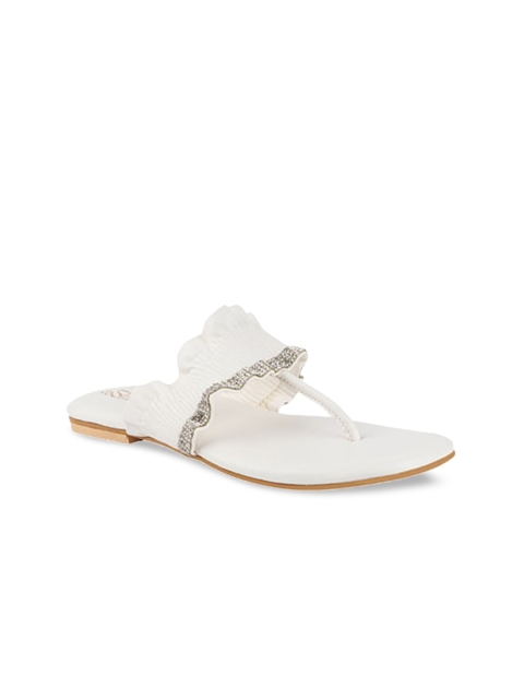 

THE WHITE POLE White Embellished Leather Ethnic T-Strap Flats