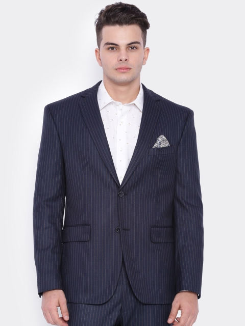 

SUITLTD Navy Striped Regular Fit Single-Breasted Formal Blazer, Navy blue