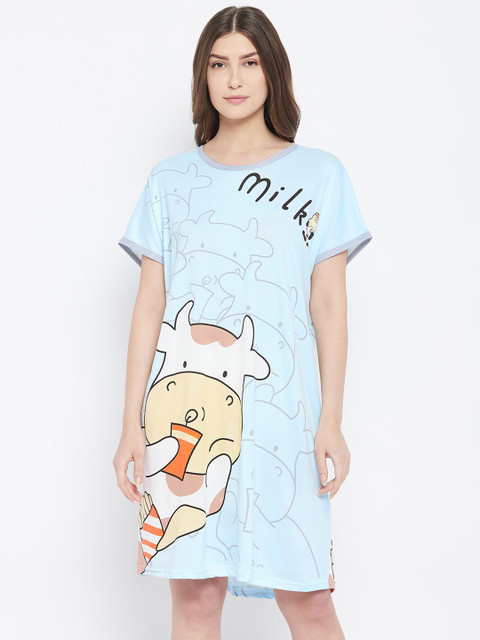 

Camey Women Turquoise Blue & White Graphic Printed T-shirt Nightdress