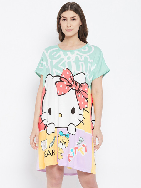 

Camey Women Sage Green & White Cartoon Characters Printed T-shirt Nightdress
