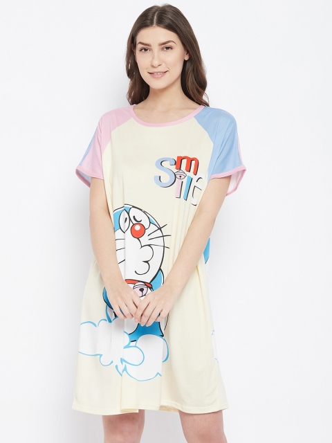 

Camey Cream-Coloured & Blue Graphic Printed T-shirt Nightdress