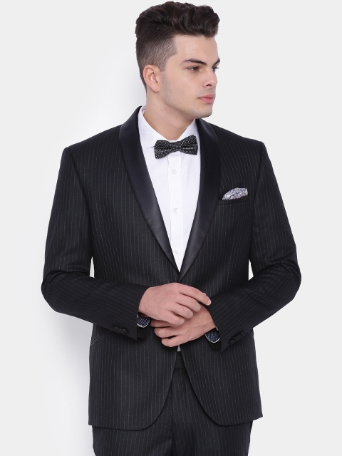 

SUITLTD Black Self-Striped Slim Fit Single-Breasted Party Tuxedo Blazer