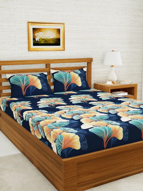 

BIANCA Blue & Orange Floral 152 TC Queen Bedsheet with 2 Pillow Covers