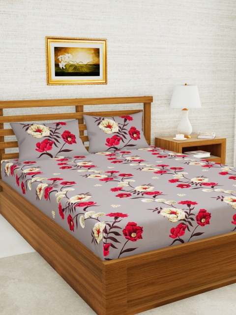 

BIANCA Brown & Red Floral 152 TC Queen Bedsheet with 2 Pillow Covers