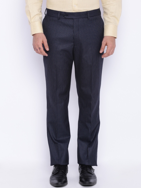 

SUITLTD Navy & Beige Striped Slim Fit Formal Trousers, Navy blue