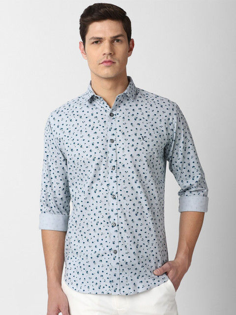 

V Dot Men Blue Slim Fit Floral Printed Pure Cotton Casual Shirt