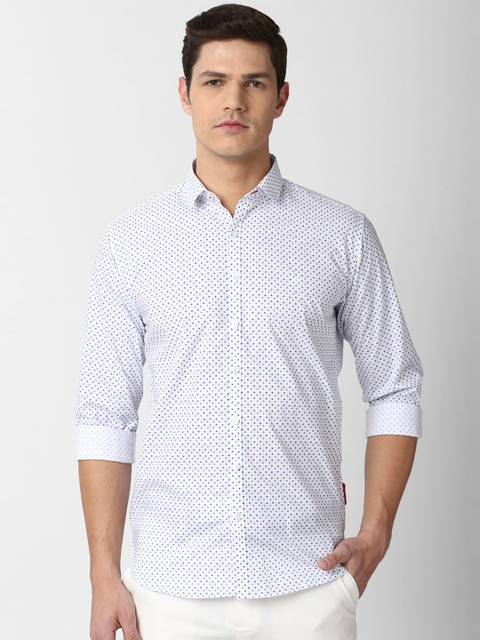 

V Dot Men White & Blue Slim Fit Printed Cotton Casual Shirt