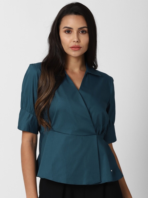 

Van Heusen Woman Teal Blue Roll-Up Sleeves Cotton Wrap Top