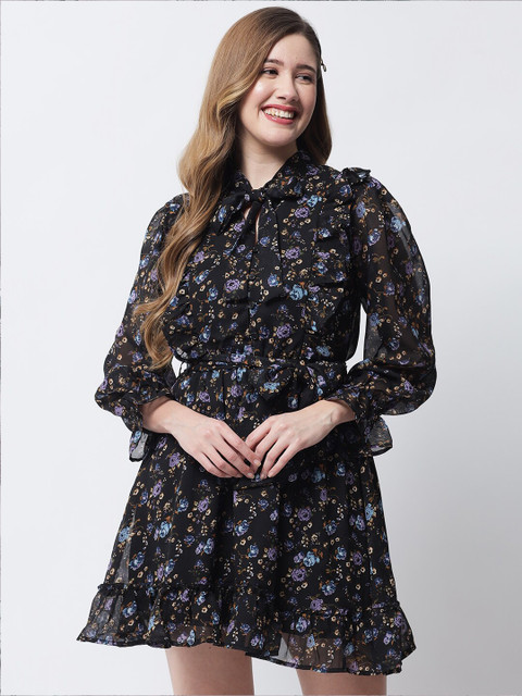 

The Vanca Women Black & Blue Floral Printed Tie-Up Neck A-Line Dress