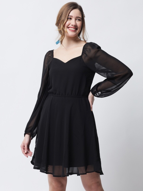 

The Vanca Black Solid Sweetheart Neck Puff Sleeves Fit & Flare Dress