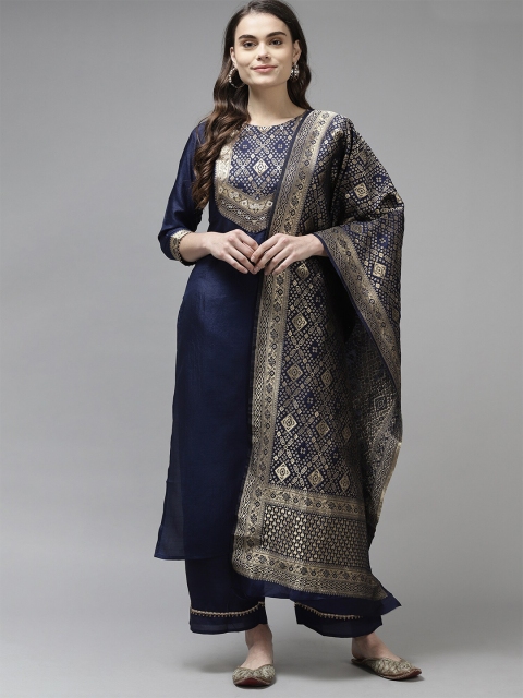 

Indo Era Navy Blue & Gold-Toned Ethnic Motifs Woven Design Dupatta with Zari
