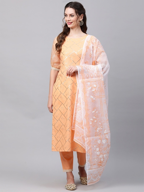 

Indo Era Orange & White Ethnic Motifs Printed Organza Khari Print Dupatta