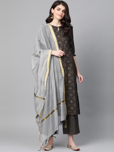 

Indo Era Grey & Golden Solid Dupatta with Zari